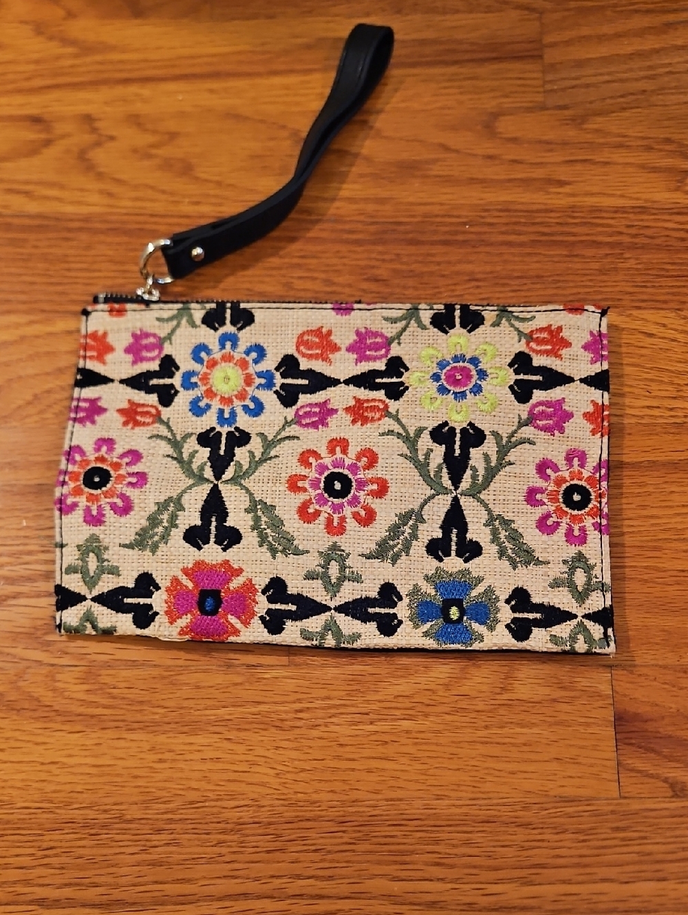 Floral Embroidered Wristlet Clutch in Beige with Multicolor Flowers
